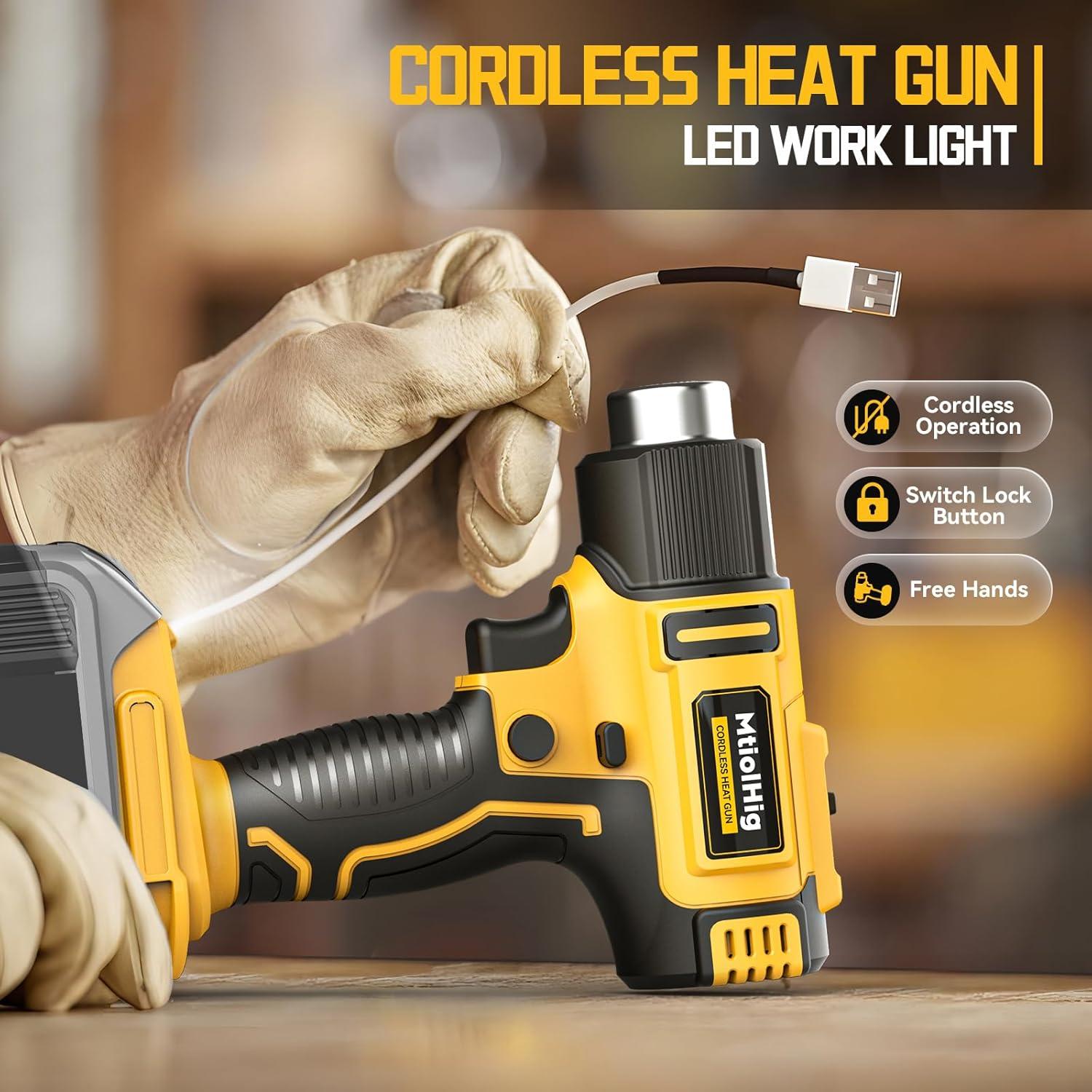 Cordless Heat Gun for Dewalt 20v Battery, Mtiolhig 122℉-1022℉ Adjustable Temperature Portable Battery Heat Shrink Gun with 5pcs Nozzles for Shrink Wrap, Wire Connectors, Electronics, Resin(No Battery)