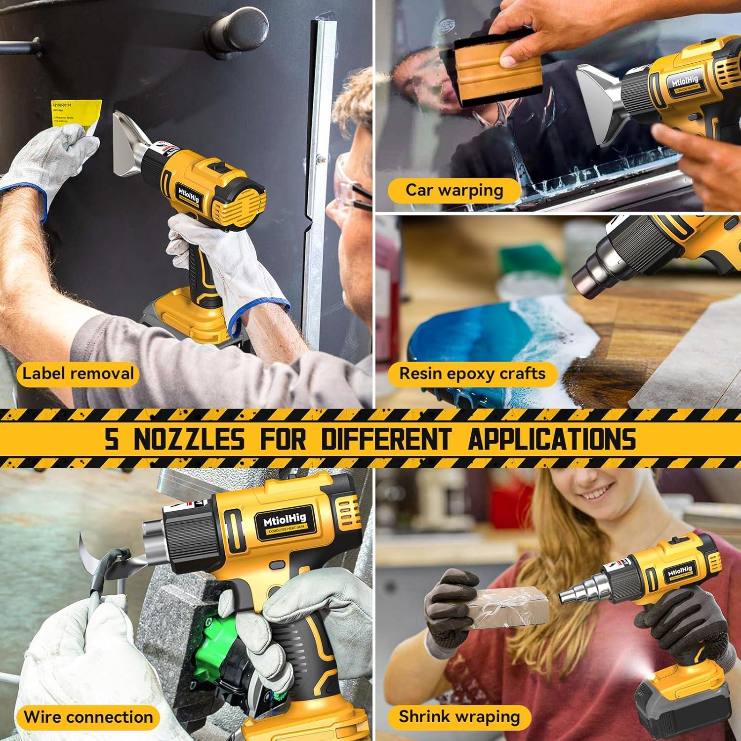 Cordless Heat Gun for Dewalt 20v Battery, Mtiolhig 122℉-1022℉ Adjustable Temperature Portable Battery Heat Shrink Gun with 5pcs Nozzles for Shrink Wrap, Wire Connectors, Electronics, Resin(No Battery)