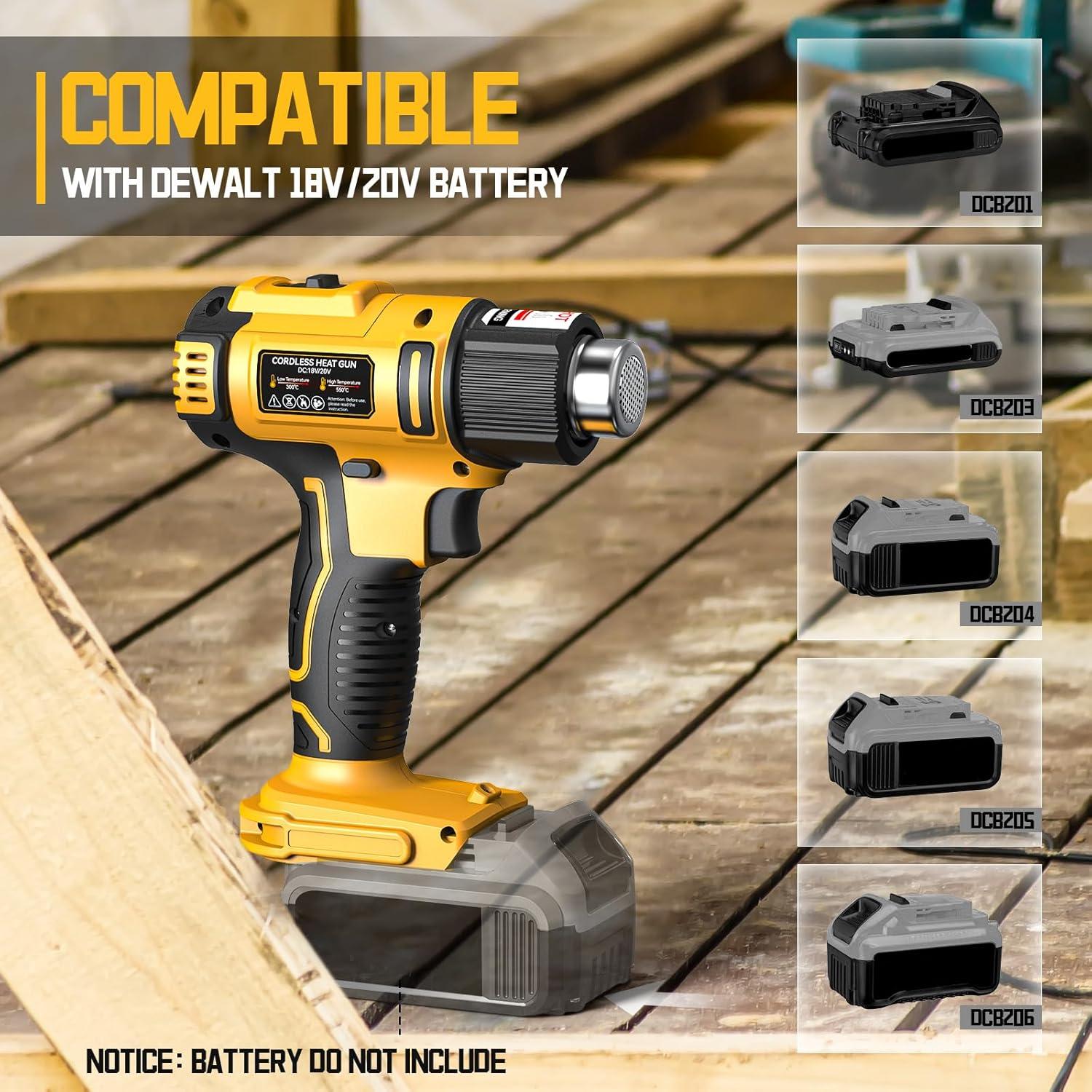 Cordless Heat Gun for Dewalt 20v Battery, Mtiolhig 122℉-1022℉ Adjustable Temperature Portable Battery Heat Shrink Gun with 5pcs Nozzles for Shrink Wrap, Wire Connectors, Electronics, Resin(No Battery)