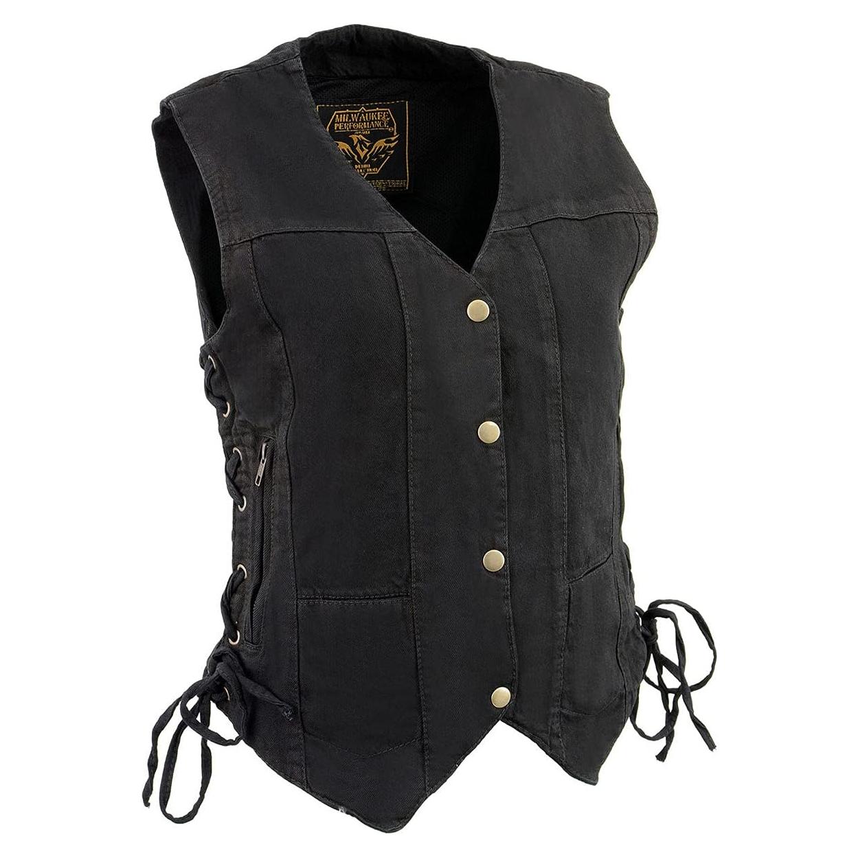 Milwaukee Leather MDL4020 Women's Classic Black ‘6 Pocket’ Side Lace Denim Vest
