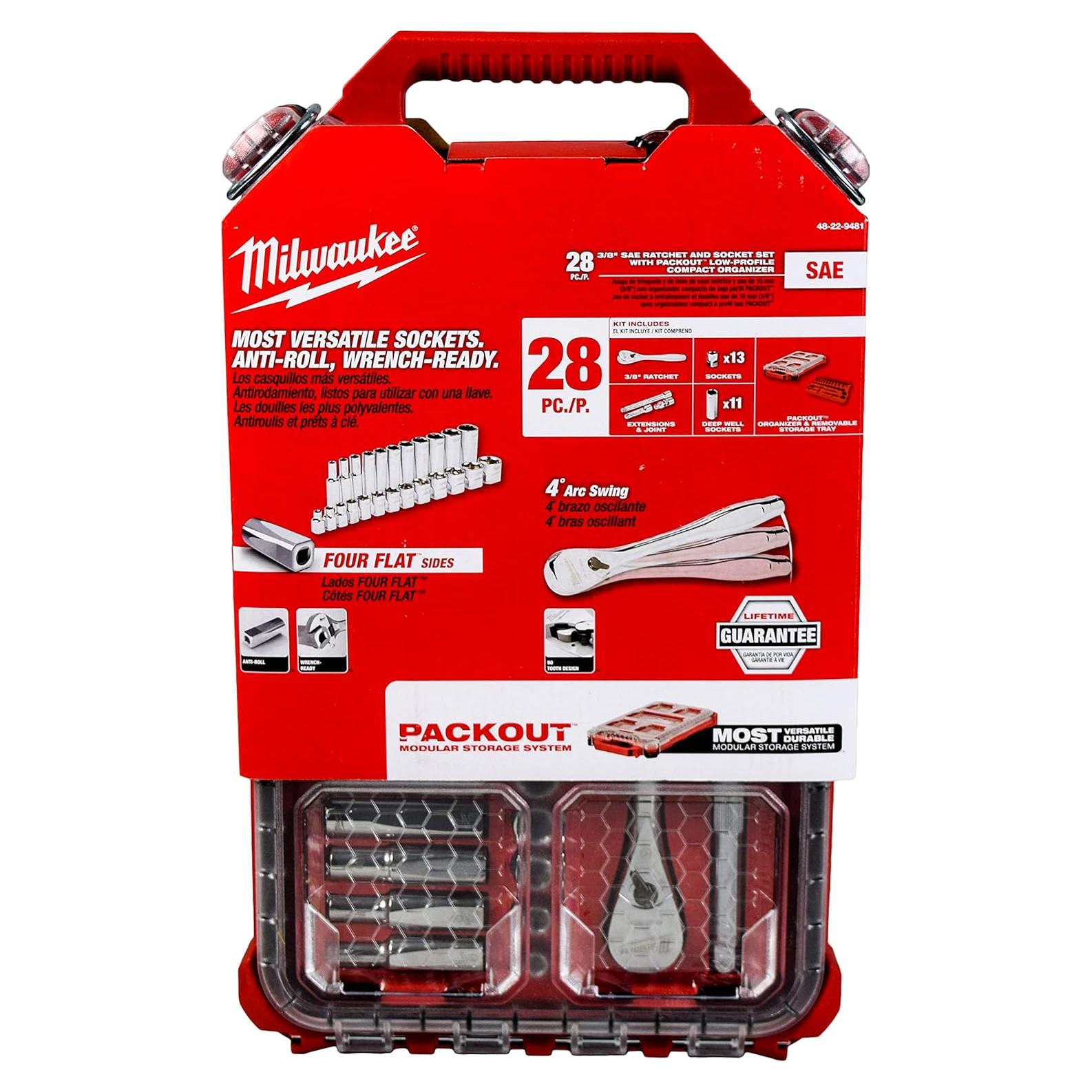 Milwaukee 48-22-9481 28-Piece 3/8 in. Drive SAE Ratchet and Socket Set with PACKOUT Low-Profile Compact Organizer