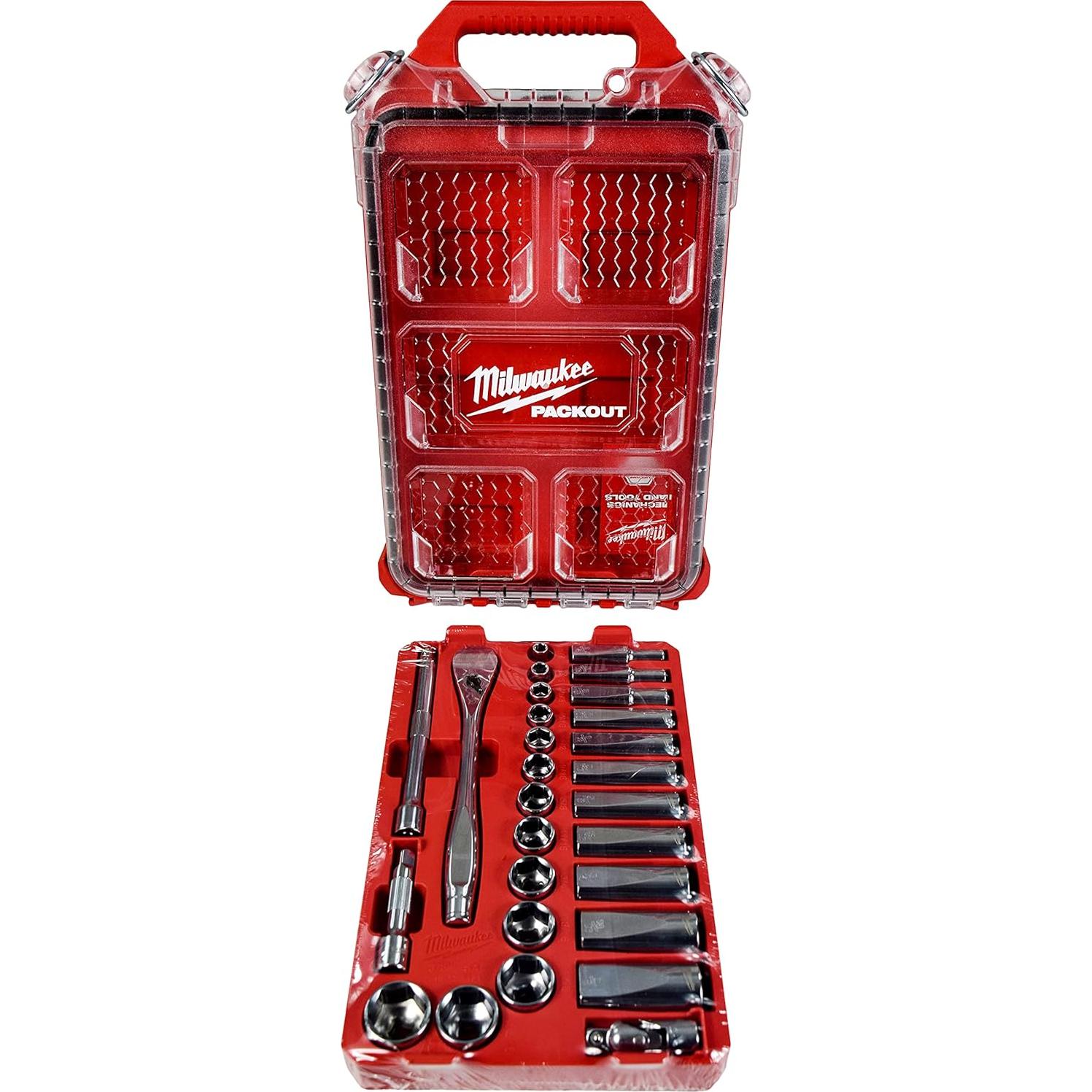 Milwaukee 48-22-9481 28-Piece 3/8 in. Drive SAE Ratchet and Socket Set with PACKOUT Low-Profile Compact Organizer