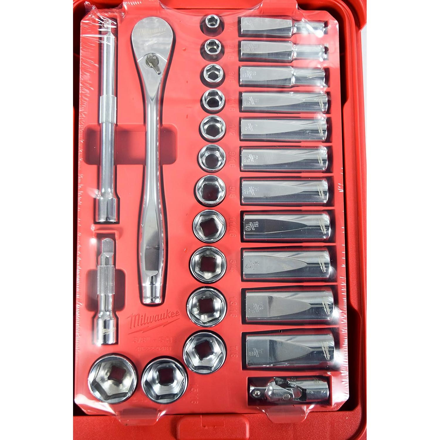 Milwaukee 48-22-9481 28-Piece 3/8 in. Drive SAE Ratchet and Socket Set with PACKOUT Low-Profile Compact Organizer
