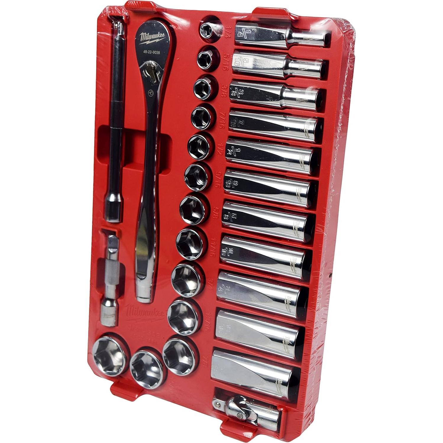 Milwaukee 48-22-9481 28-Piece 3/8 in. Drive SAE Ratchet and Socket Set with PACKOUT Low-Profile Compact Organizer