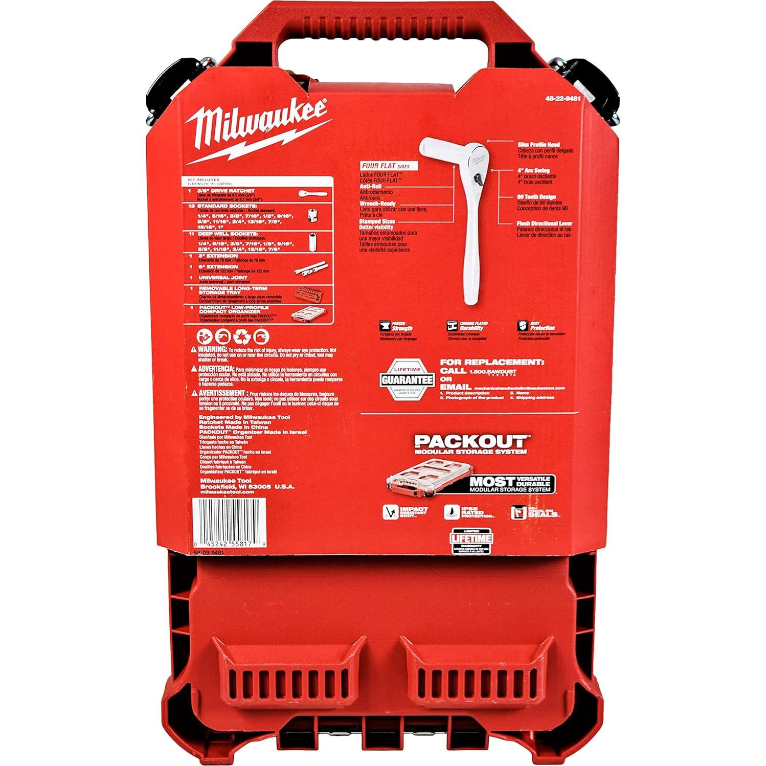 Milwaukee 48-22-9481 28-Piece 3/8 in. Drive SAE Ratchet and Socket Set with PACKOUT Low-Profile Compact Organizer