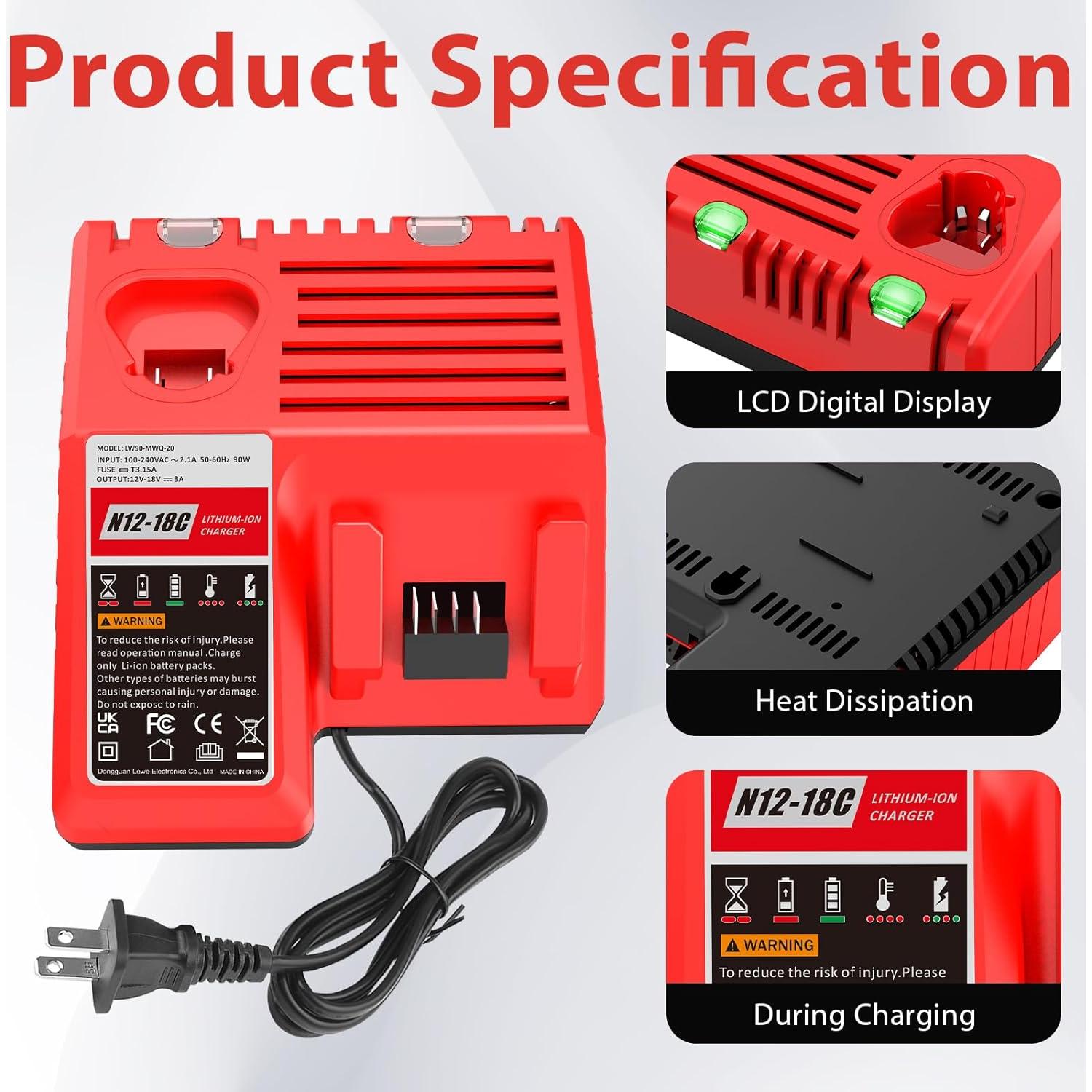 Cargador Rápido Milwaukee 18V + Batería 6.0Ah Reemplazo