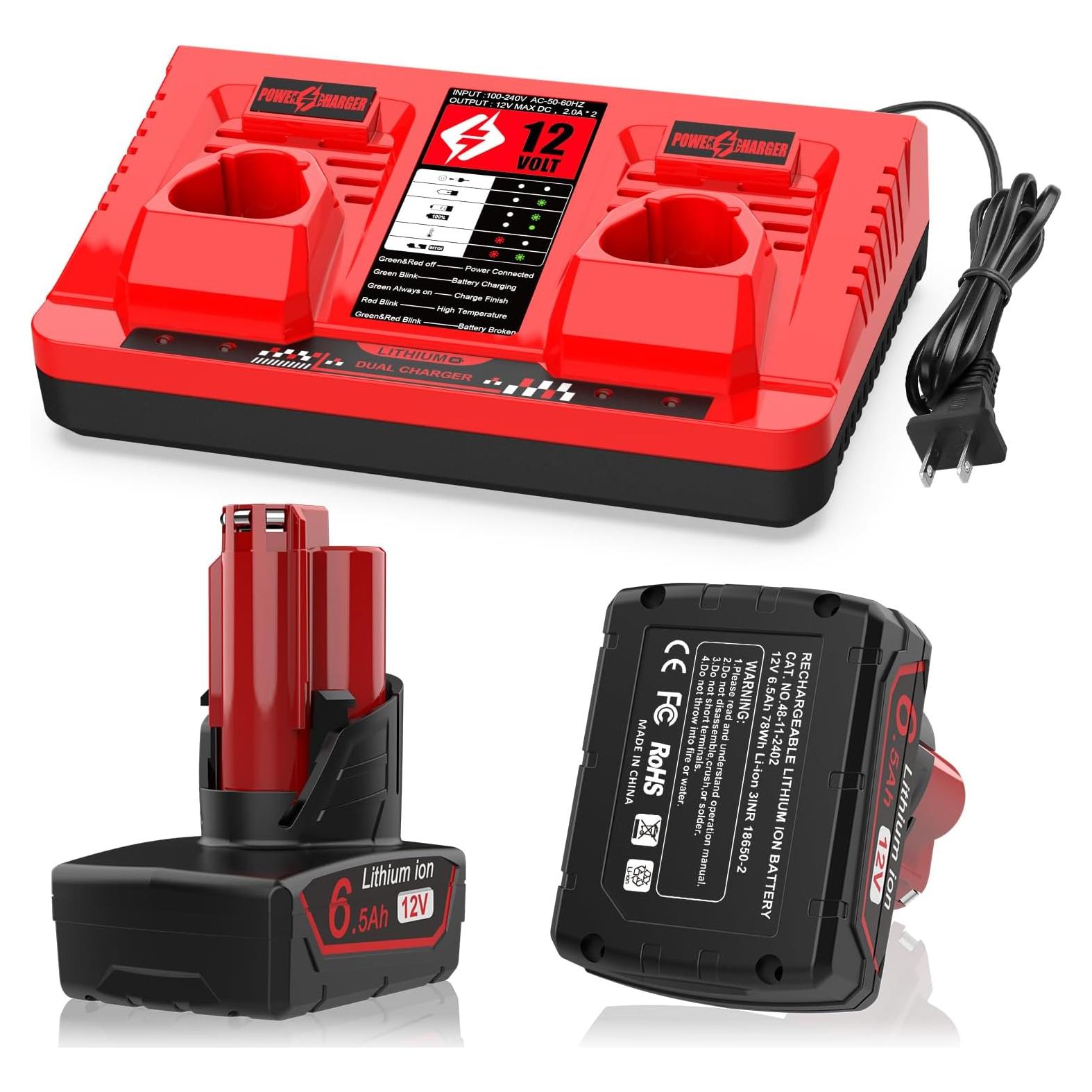 Batería y Cargador Dual Powilling 12V 6500mAh para Milwaukee
