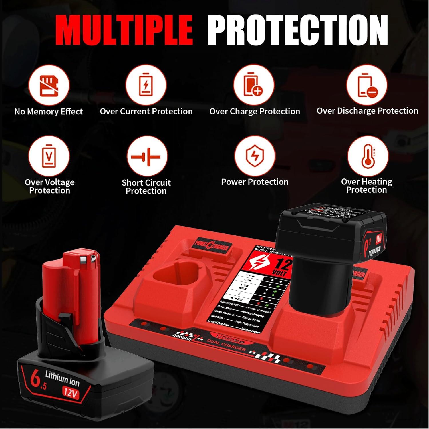 Batería y Cargador Dual Powilling 12V 6500mAh para Milwaukee