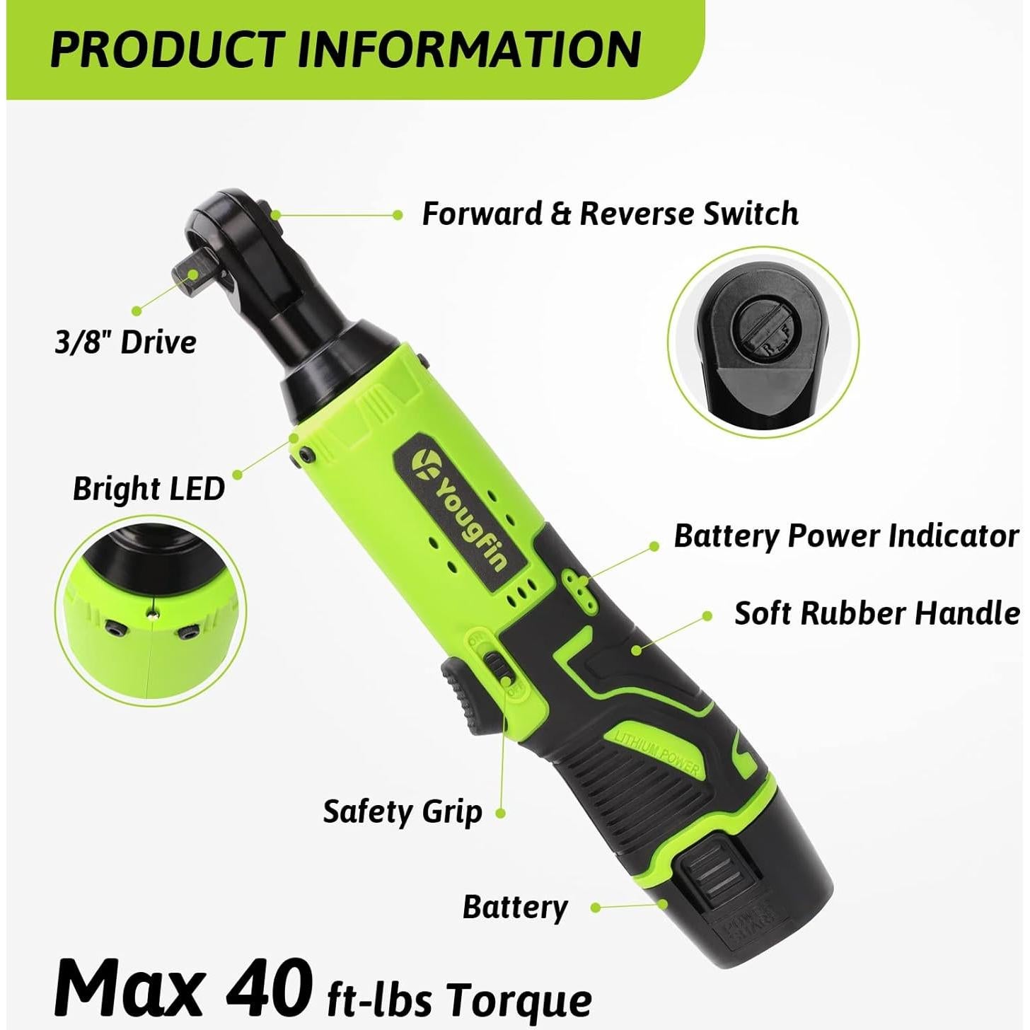 Llave de Trinquete Eléctrica Yougfin 12V 40Nm Inalámbrica