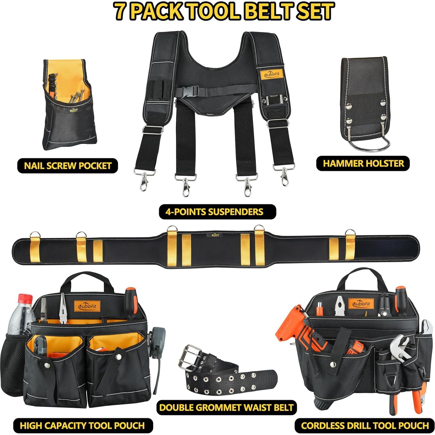 Cinturón de herramientas Aupofit 7 piezas 32 bolsillos negro