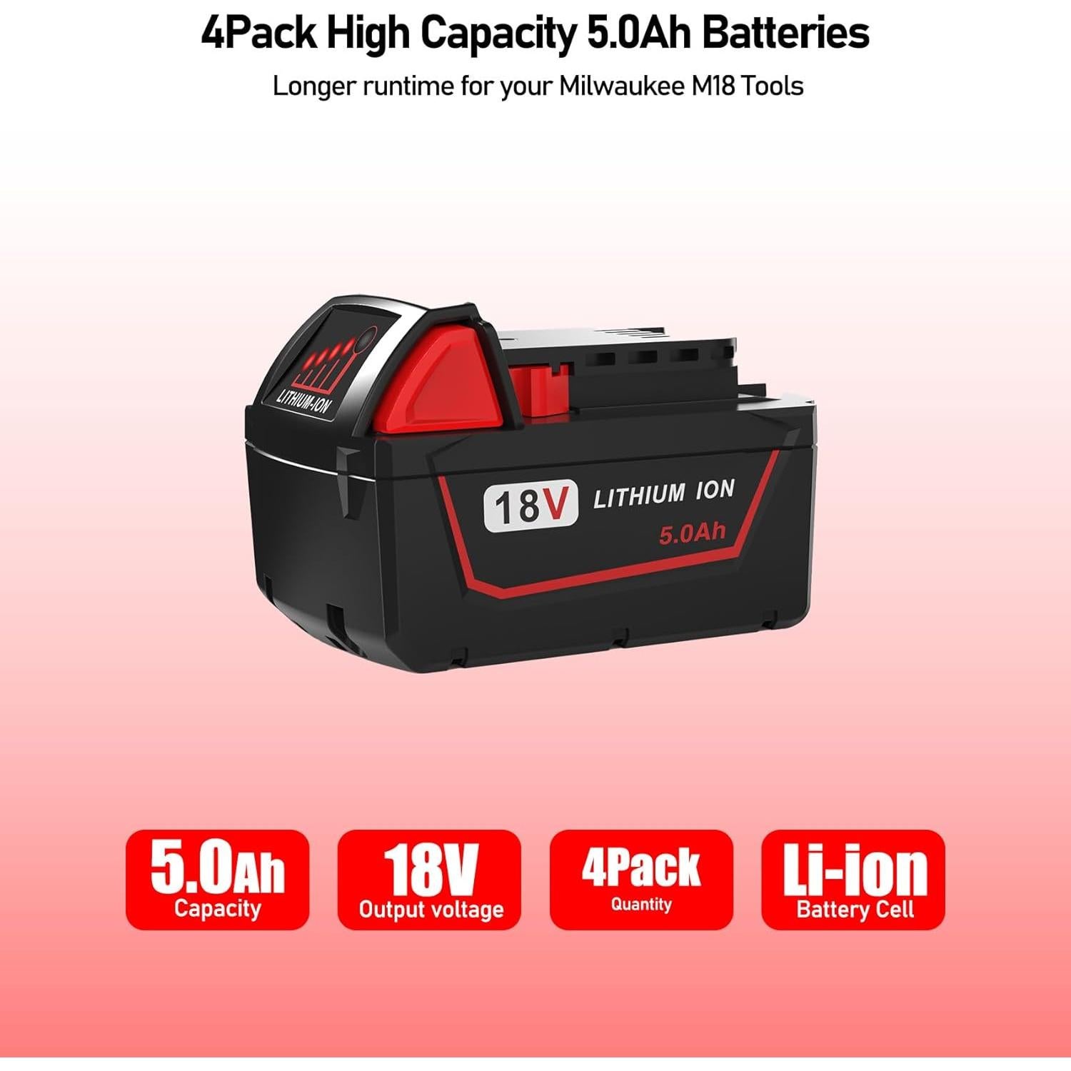 18V 4 Pack 5.0Ah Replacement for Milwaukee M18 Battery Compatible with Milwaukee M18 Cordless Power Tools 18V Lithium Battery and Milwaukee 18V Chargers