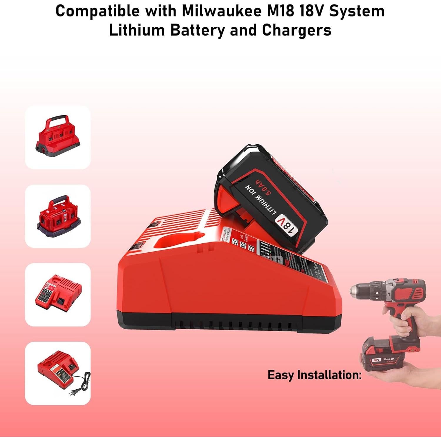 18V 4 Pack 5.0Ah Replacement for Milwaukee M18 Battery Compatible with Milwaukee M18 Cordless Power Tools 18V Lithium Battery and Milwaukee 18V Chargers