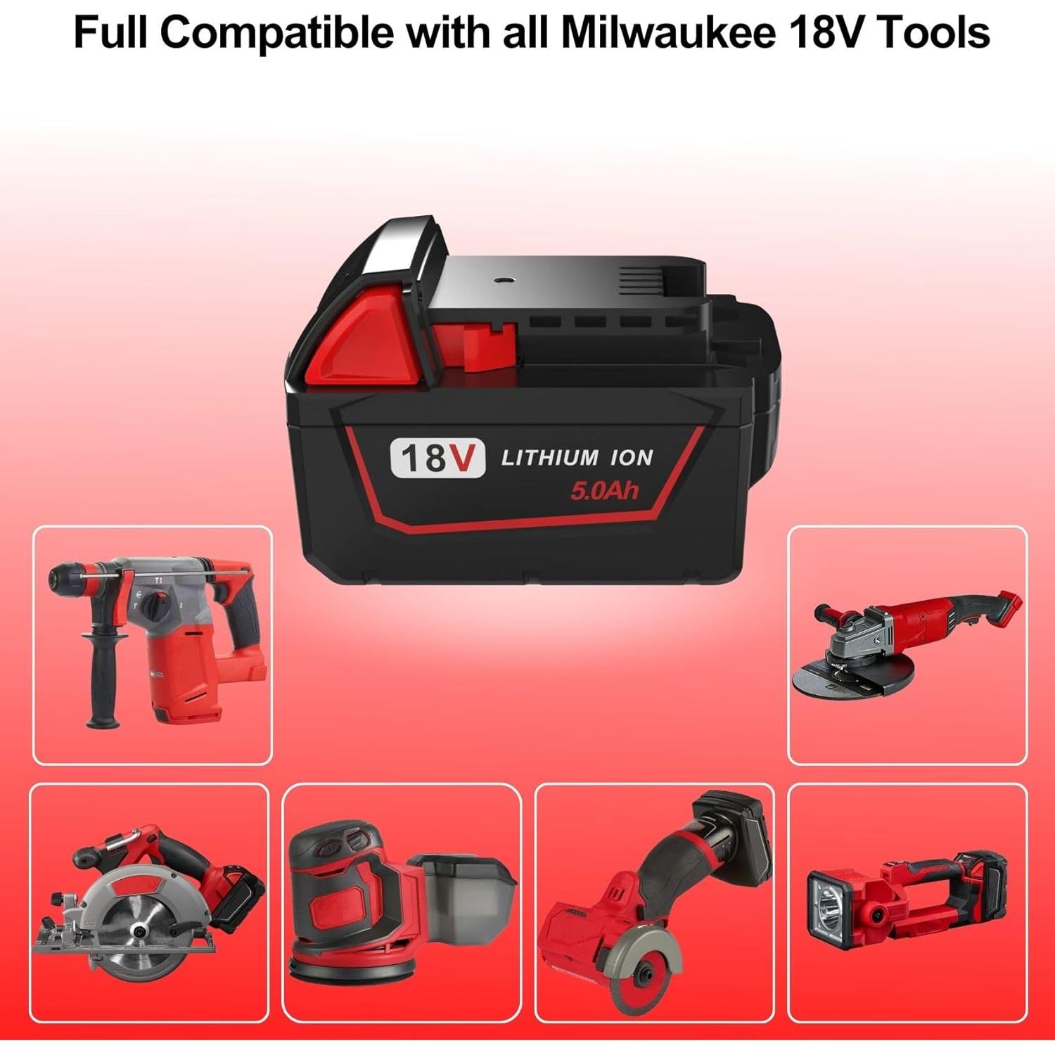 18V 4 Pack 5.0Ah Replacement for Milwaukee M18 Battery Compatible with Milwaukee M18 Cordless Power Tools 18V Lithium Battery and Milwaukee 18V Chargers