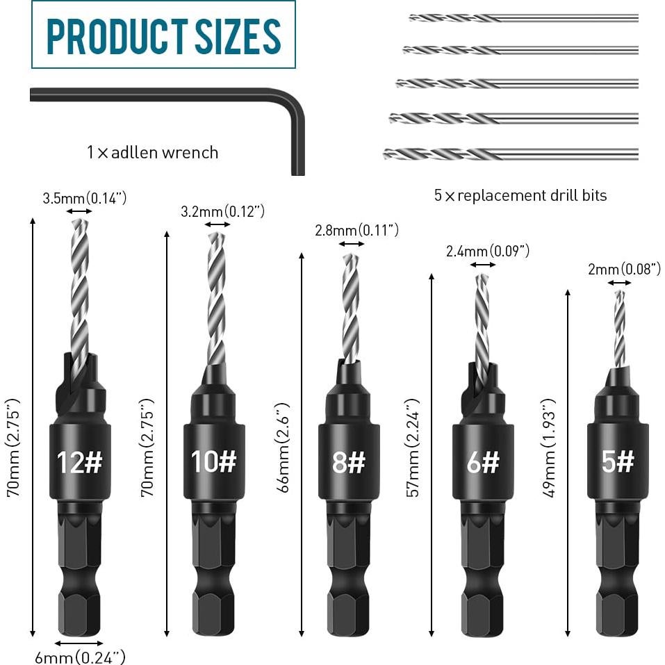 Juego de Brocas Avellanadoras 5Pcs Hexagonal Ajustable