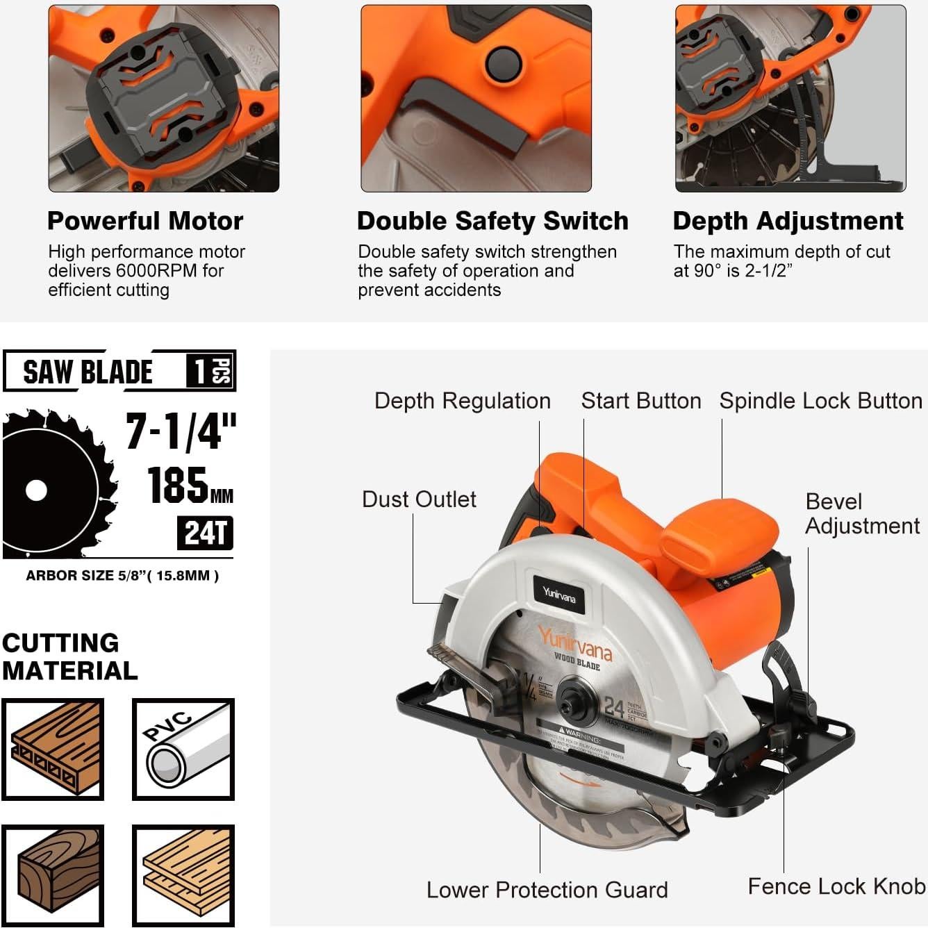 Sierra Circular Eléctrica Yunirvana 11A 6000RPM 18.42cm