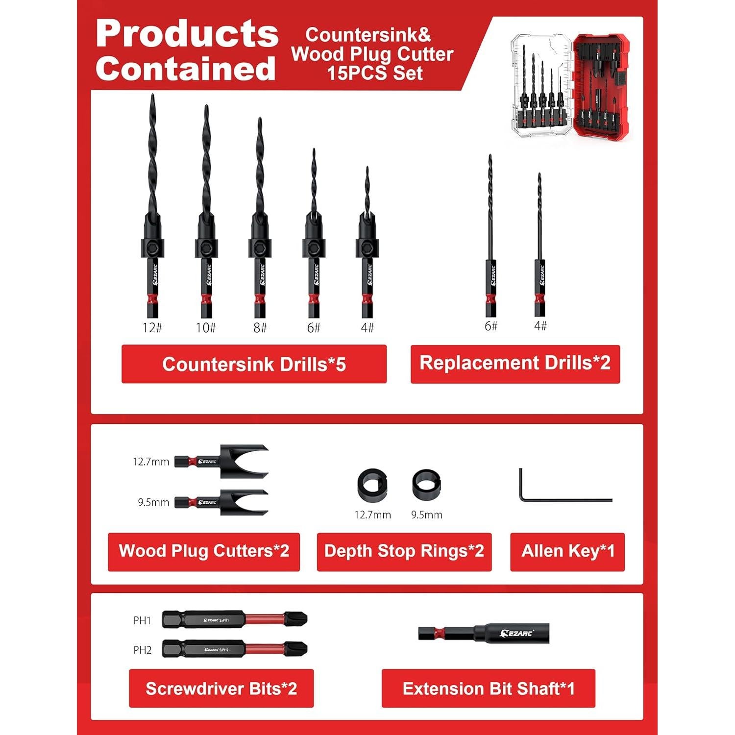 Juego de brocas avellanadoras EZARC 15 PCS para madera