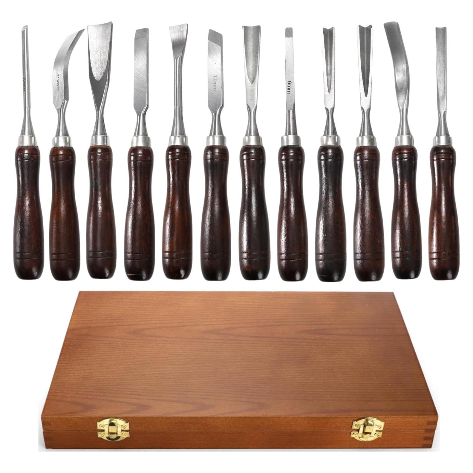 Juego de 12 Cinceles de Tallado Covzoe con Caja de Madera