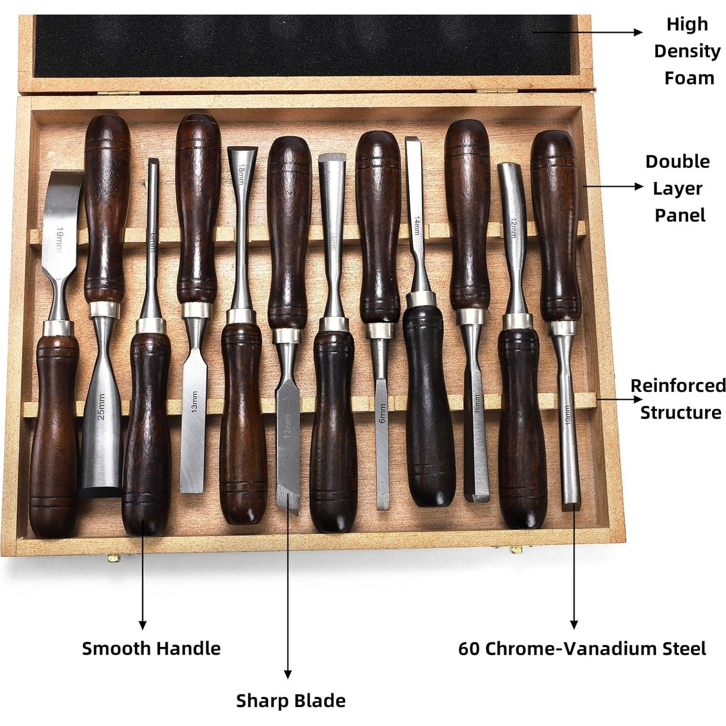 Juego de 12 Cinceles de Tallado Covzoe con Caja de Madera