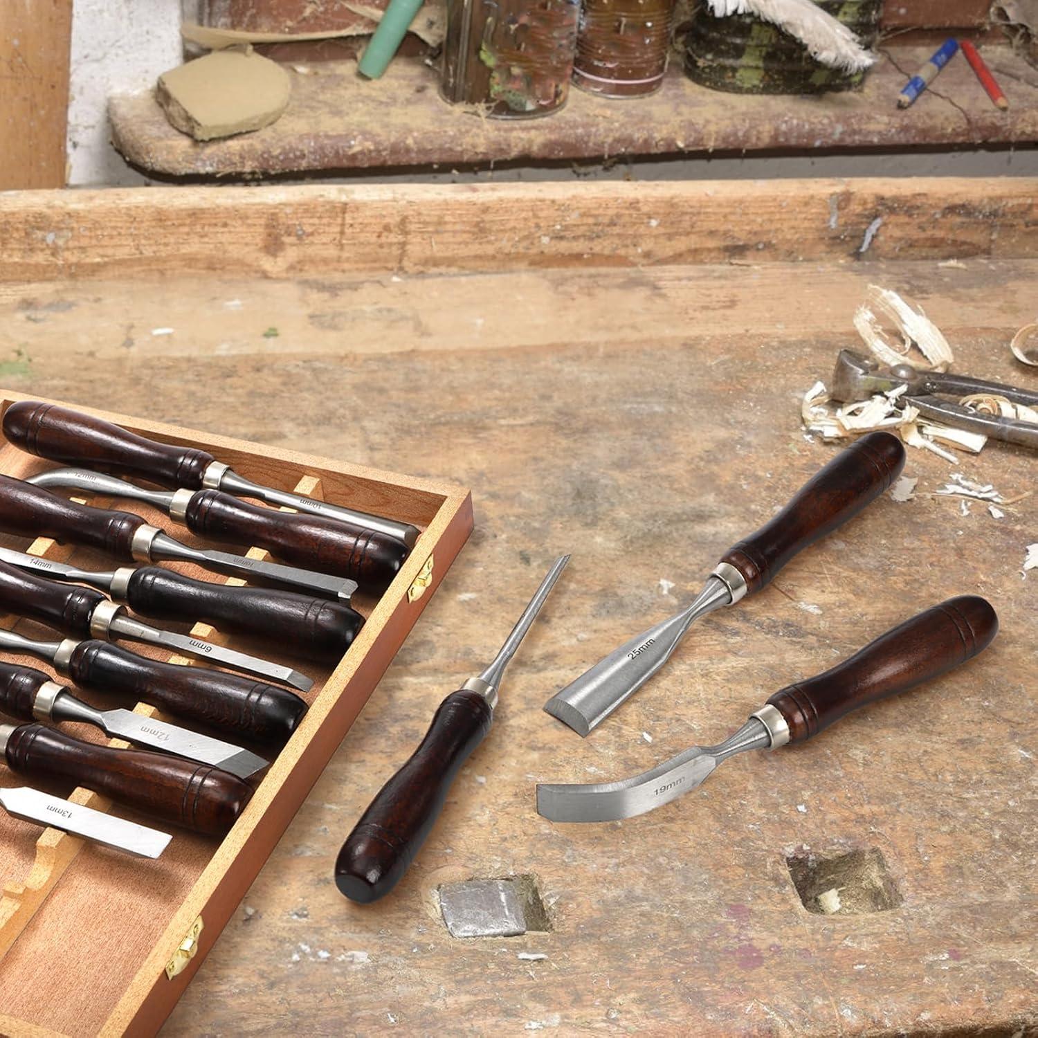 Juego de 12 Cinceles de Tallado Covzoe con Caja de Madera