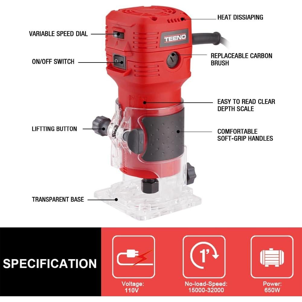 Fresadora de Madera TEENO 650W 6 Velocidades con Brocas