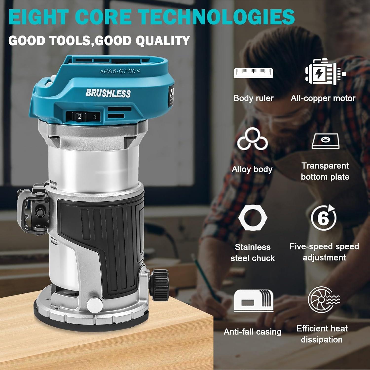 Router Inalámbrico ZUYIYI 18V 28000RPM Base Fija y Guía