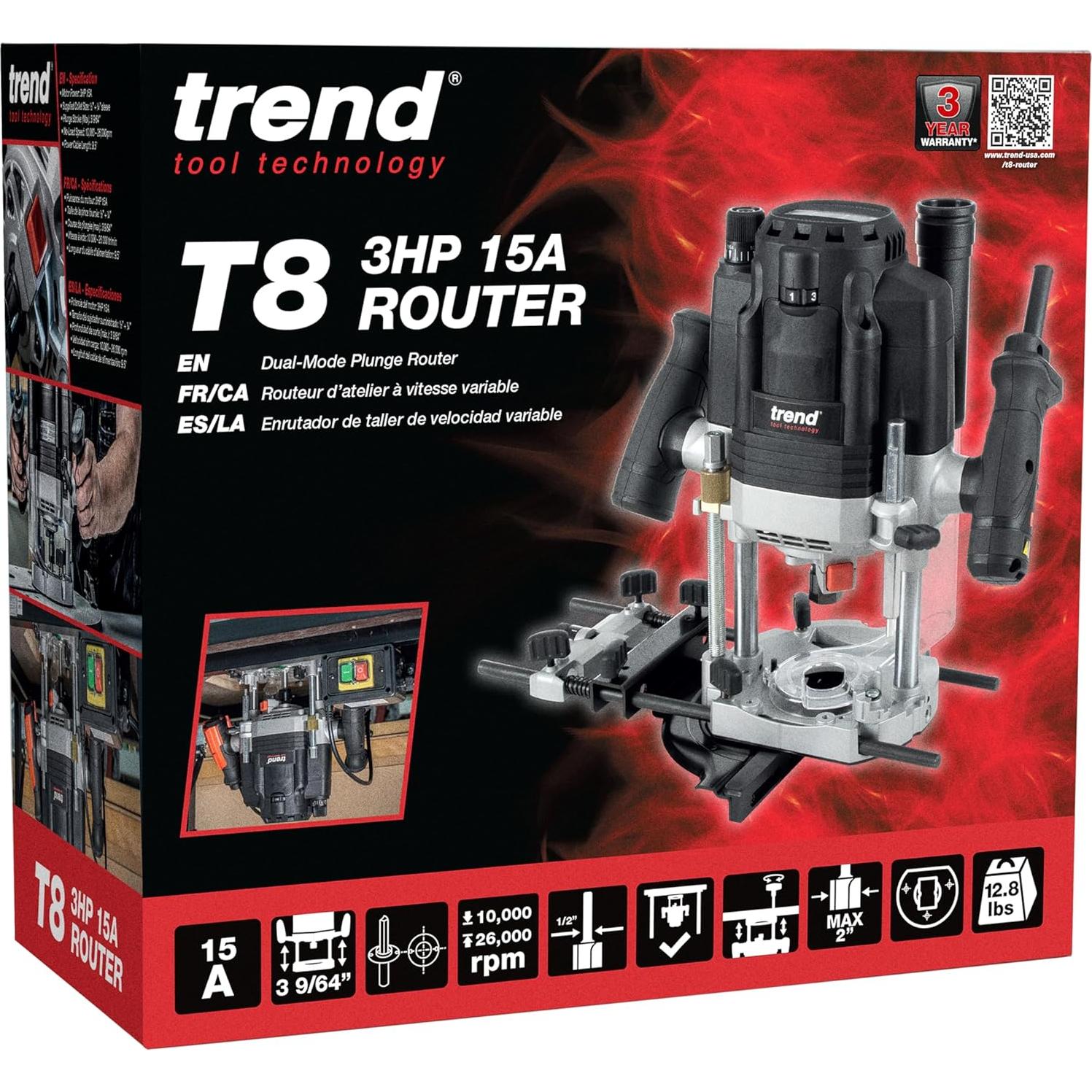 Router Trend T8 Inmersión 3.25 HP 15A 80mm Ajustable