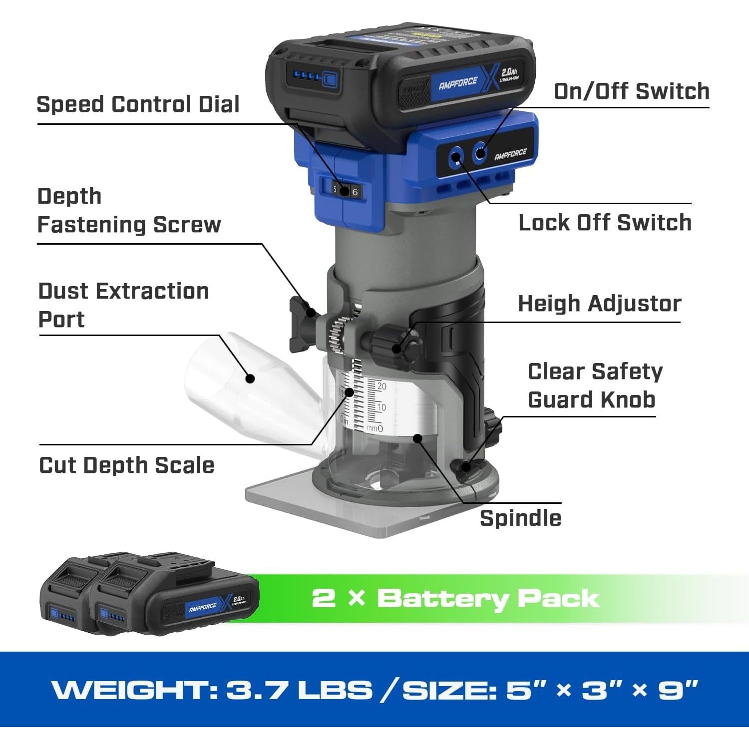 Router Inalámbrico AMPFORCE 20V 30000RPM 6 Velocidades