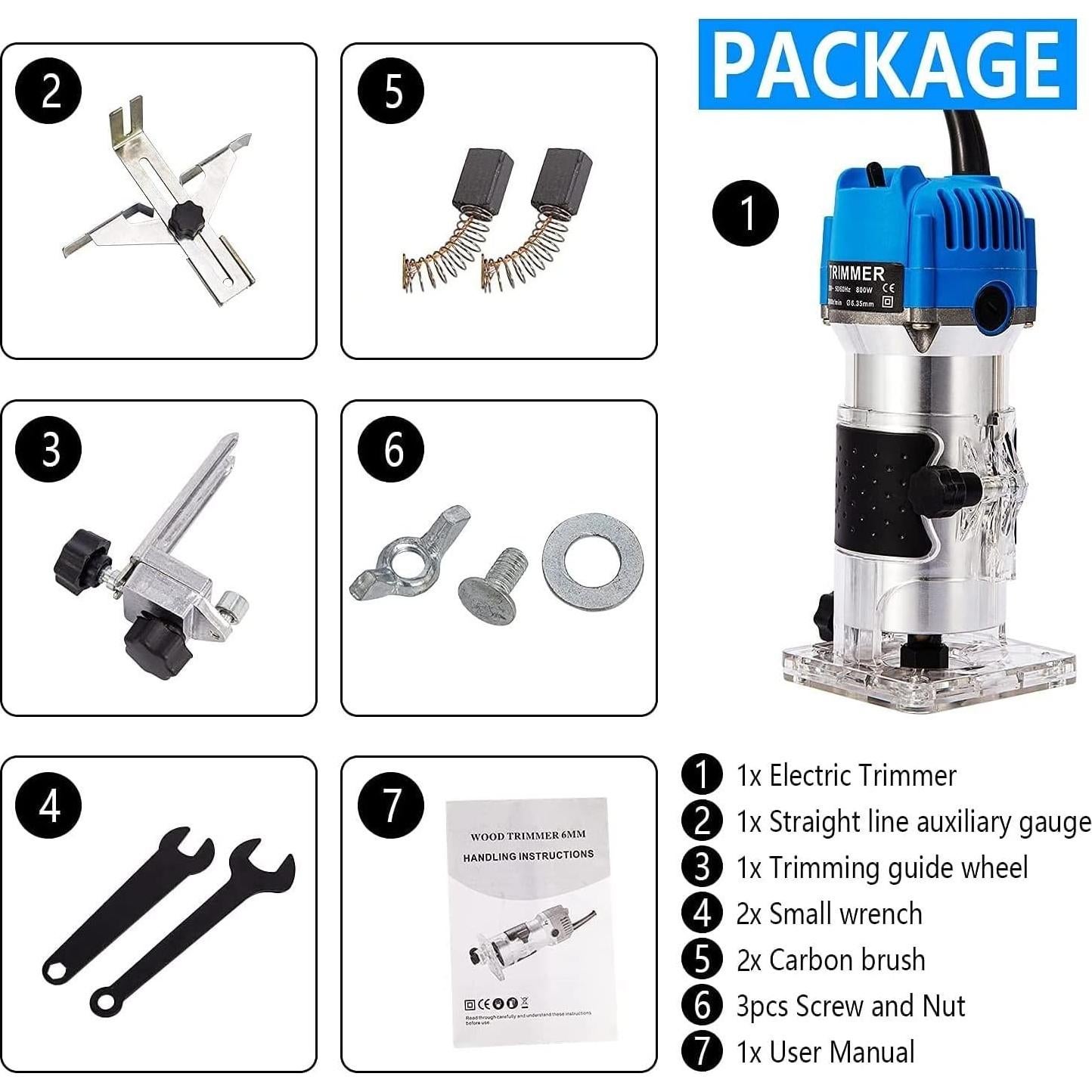 Wood Routers, Wood Trimmer Router Tool, Compact Wood Palm Router, Tool Hand Trimmer, Woodworking Joiner, Cutting Palmming Tool, 30000 RPM 1/4" Collets 800W 110V
