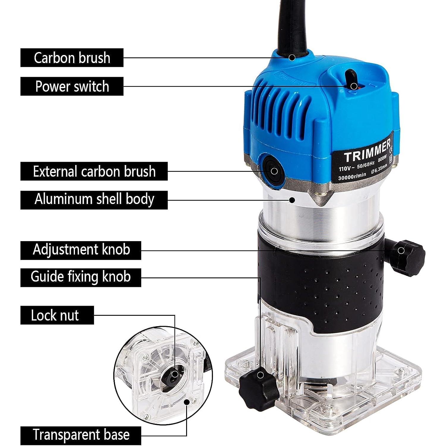 Wood Routers, Wood Trimmer Router Tool, Compact Wood Palm Router, Tool Hand Trimmer, Woodworking Joiner, Cutting Palmming Tool, 30000 RPM 1/4" Collets 800W 110V