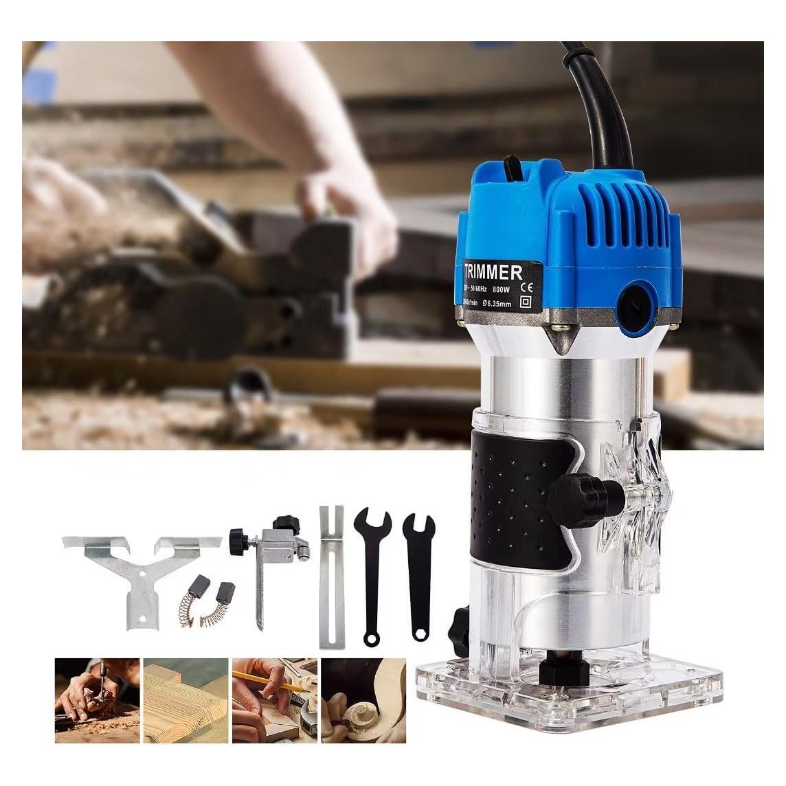 Wood Routers, Electric Wood Trimmer Router Tool, Compact Wood Router Tool Hand Trimmer, Cutting Palmming Tool, 30000 RPM 1/4" Collets 800W 110V，Blue and Silver