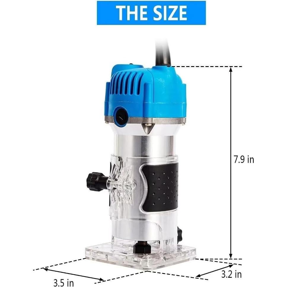 Wood Routers, Electric Wood Trimmer Router Tool, Compact Wood Router Tool Hand Trimmer, Cutting Palmming Tool, 30000 RPM 1/4" Collets 800W 110V，Blue and Silver