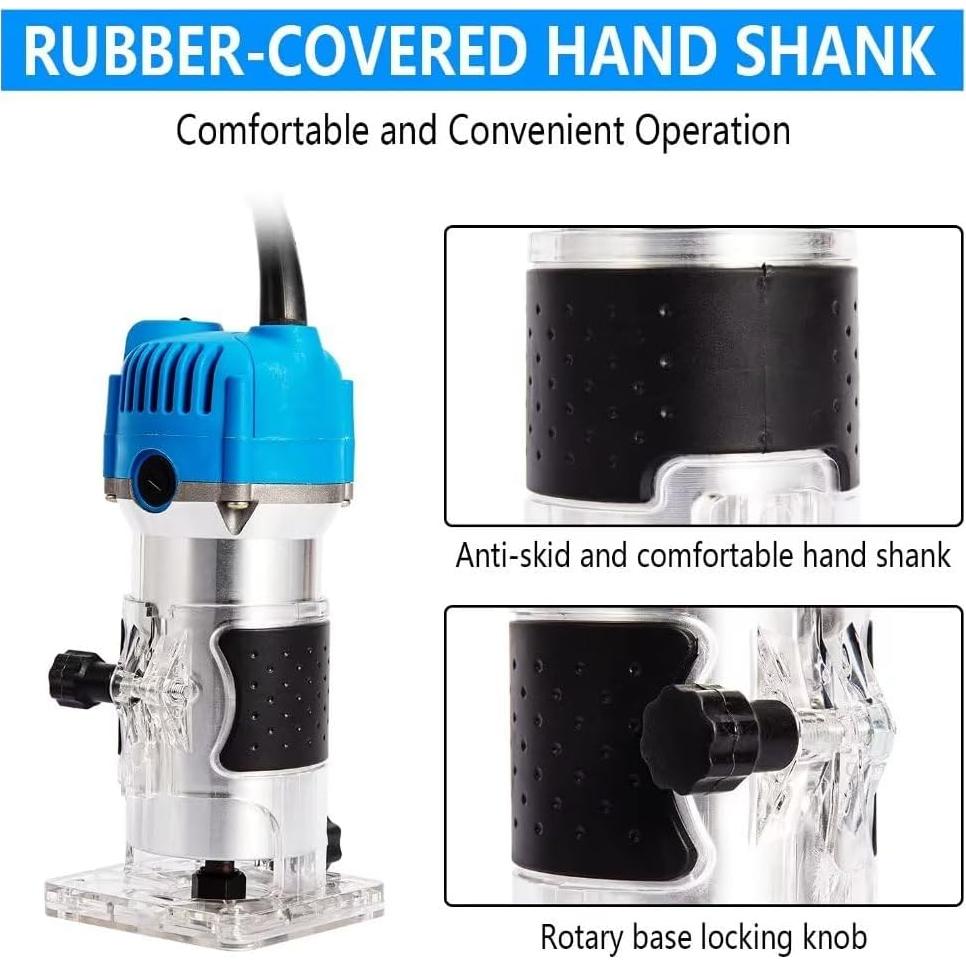 Wood Routers, Electric Wood Trimmer Router Tool, Compact Wood Router Tool Hand Trimmer, Cutting Palmming Tool, 30000 RPM 1/4" Collets 800W 110V，Blue and Silver