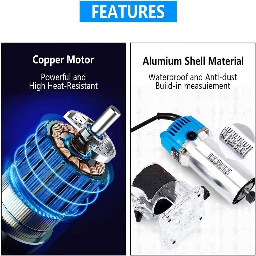 Wood Routers, Electric Wood Trimmer Router Tool, Compact Wood Router Tool Hand Trimmer, Cutting Palmming Tool, 30000 RPM 1/4" Collets 800W 110V，Blue and Silver