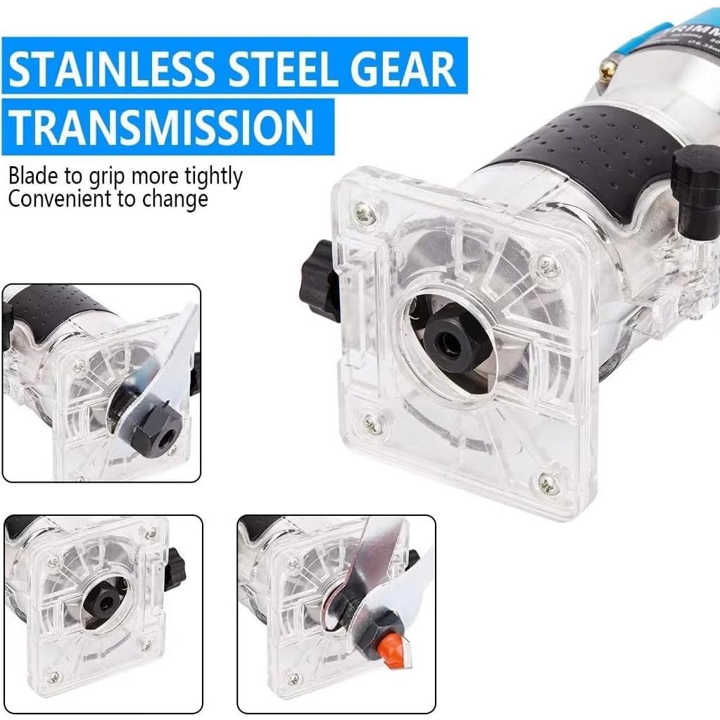 Wood Routers, Electric Wood Trimmer Router Tool, Compact Wood Router Tool Hand Trimmer, Cutting Palmming Tool, 30000 RPM 1/4" Collets 800W 110V，Blue and Silver