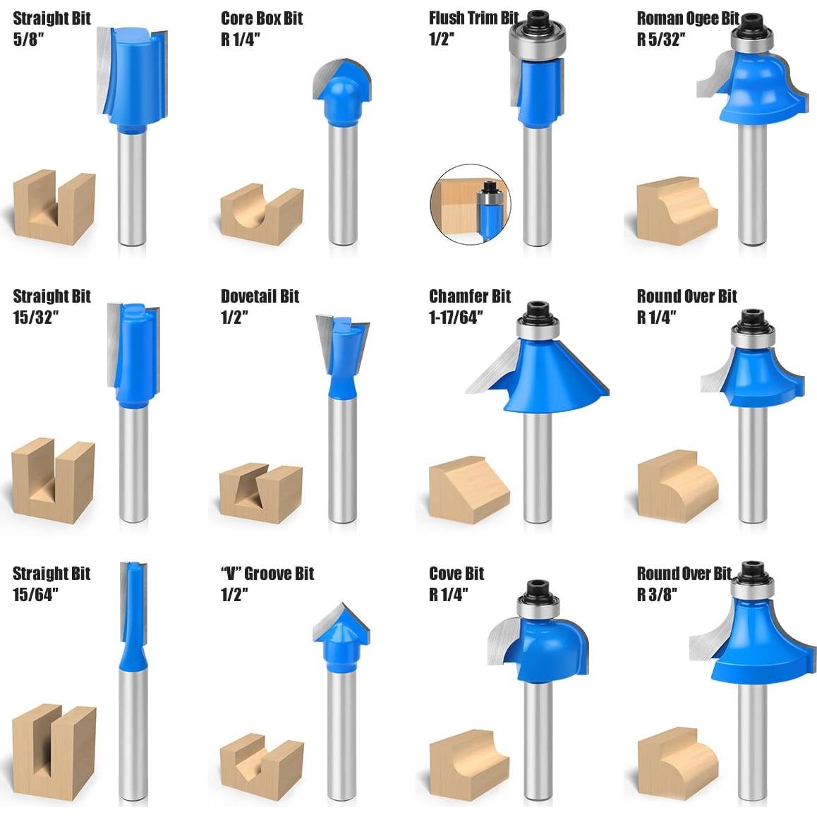 Juego de Brocas de Router JGZUI 15 Piezas 6,35 mm Eje