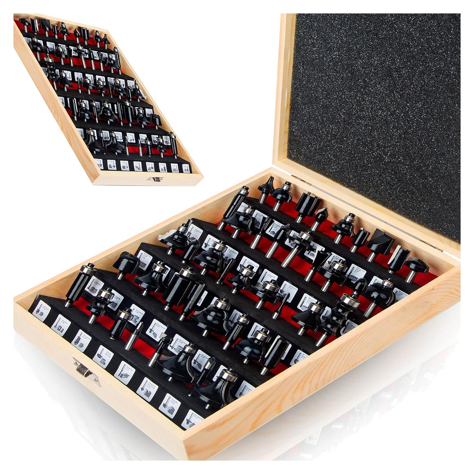 TAIWAIN 1/4-Inch Shank 43 Pack Router Bits Flooring Router Bit Set, Wood Milling Cutter, Woodworking Miter Carbide CNC Router Bits Sets Cutting Tool for Cabinet Doors, Tables(F-LEB)