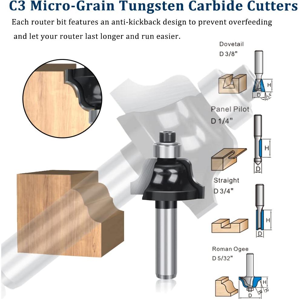 TAIWAIN 1/4-Inch Shank 43 Pack Router Bits Flooring Router Bit Set, Wood Milling Cutter, Woodworking Miter Carbide CNC Router Bits Sets Cutting Tool for Cabinet Doors, Tables(F-LEB)