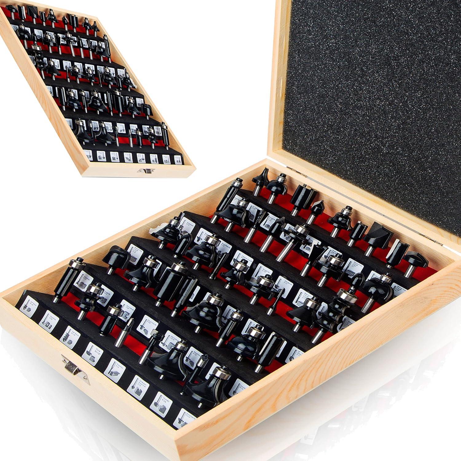 TAIWAIN 1/4-Inch Shank 43 Pack Router Bits Flooring Router Bit Set, Wood Milling Cutter, Woodworking Miter Carbide CNC Router Bits Sets Cutting Tool for Cabinet Doors, Tables(F-LEB)