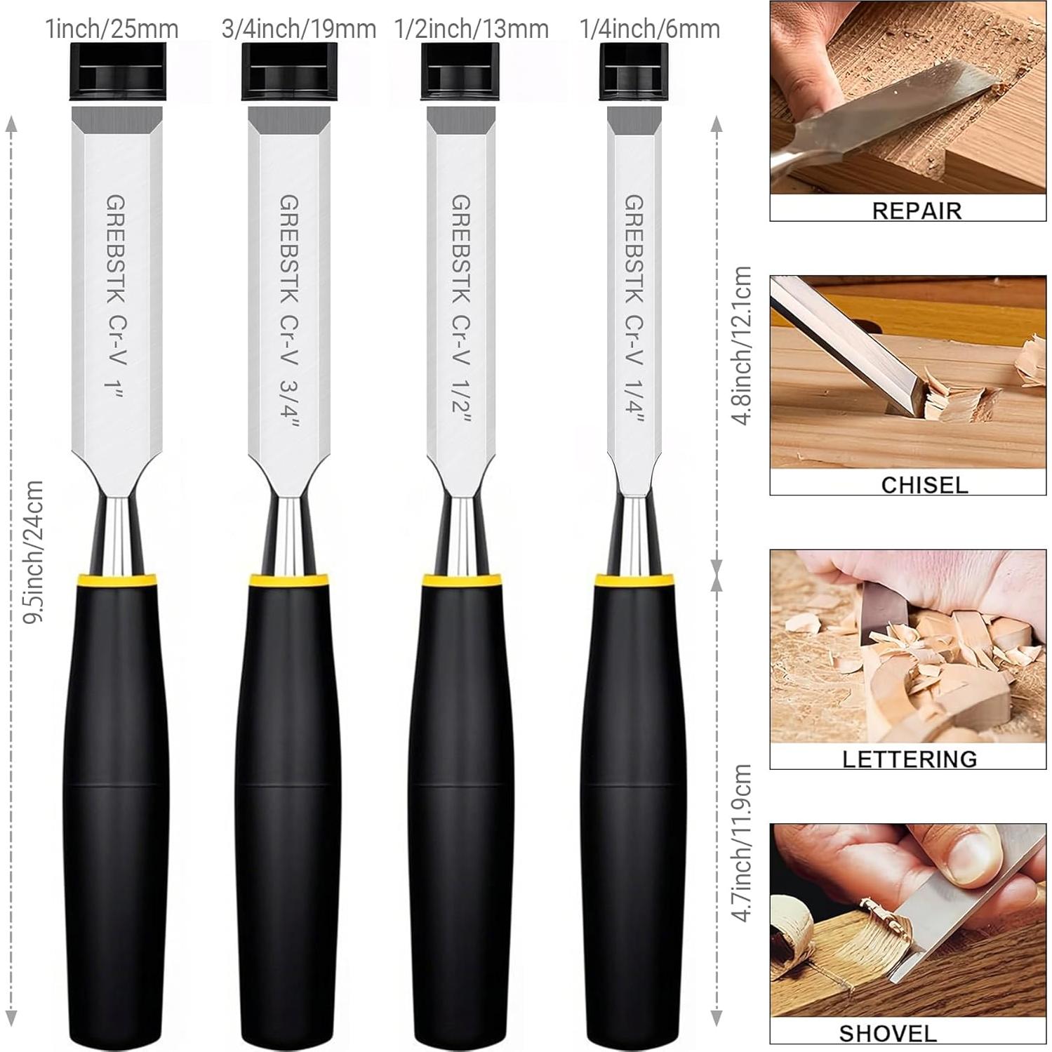 Juego de 4 Cinceles GREBSTK de Acero CRV para Carpintería