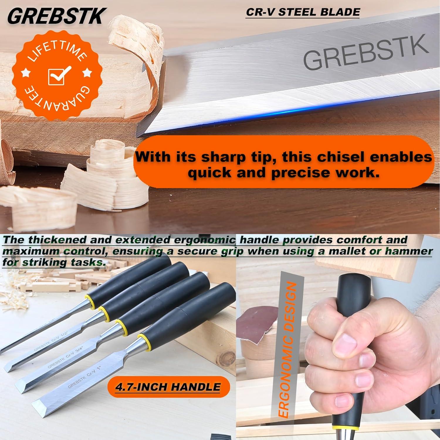 Juego de 4 Cinceles GREBSTK de Acero CRV para Carpintería