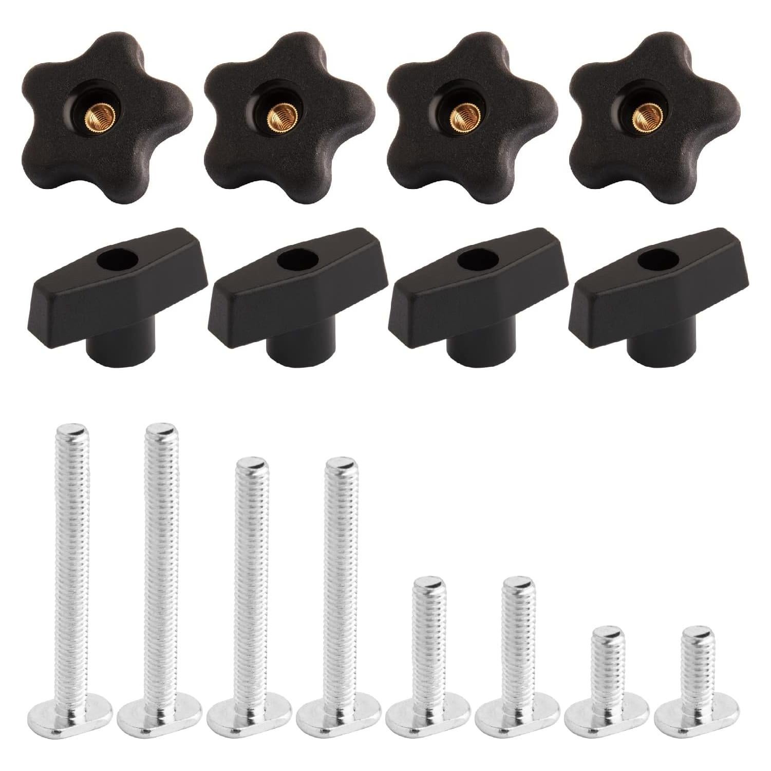 POWERTEC 71121 T Track Knob Kit w/ Threaded Knobs and 5/16”-18 T Slot Bolts, 16-Piece Set, T Track Accessories for Woodworking Jigs and Fixtures