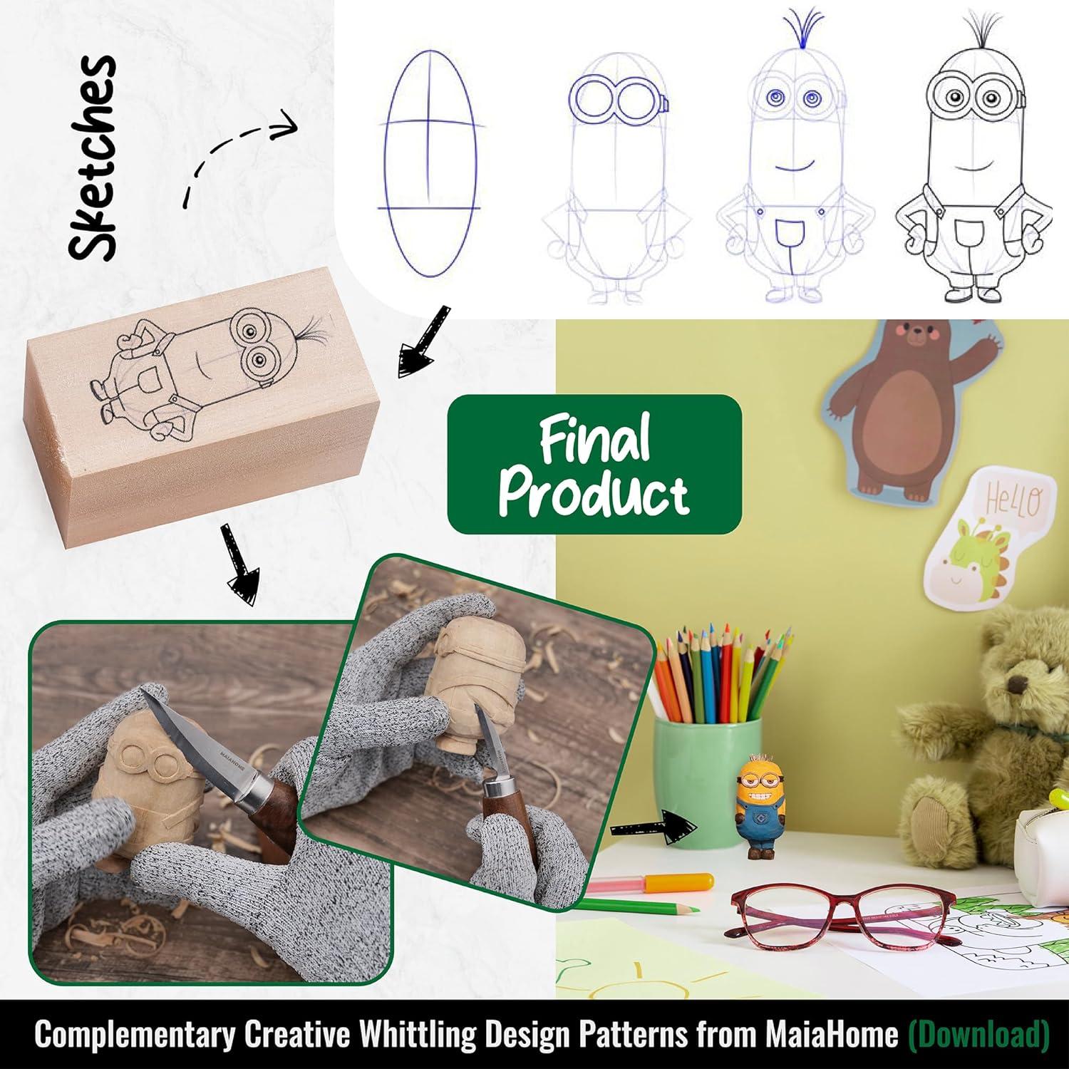 Kit de Tallado en Madera MaiaHome 8 Bloques y 3 Cuchillos