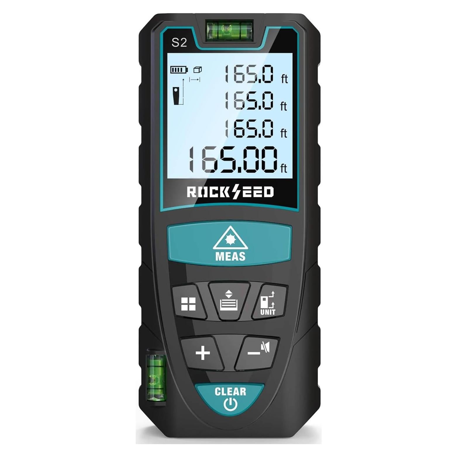 Laser Measure 50M/165ft,RockSeed Digital Laser Distance Meter with 2 Bubble Levels,Portable M/in/Ft Unit Switching Backlit LCD and Measuring Distance/Area/Volume/Pythagorean