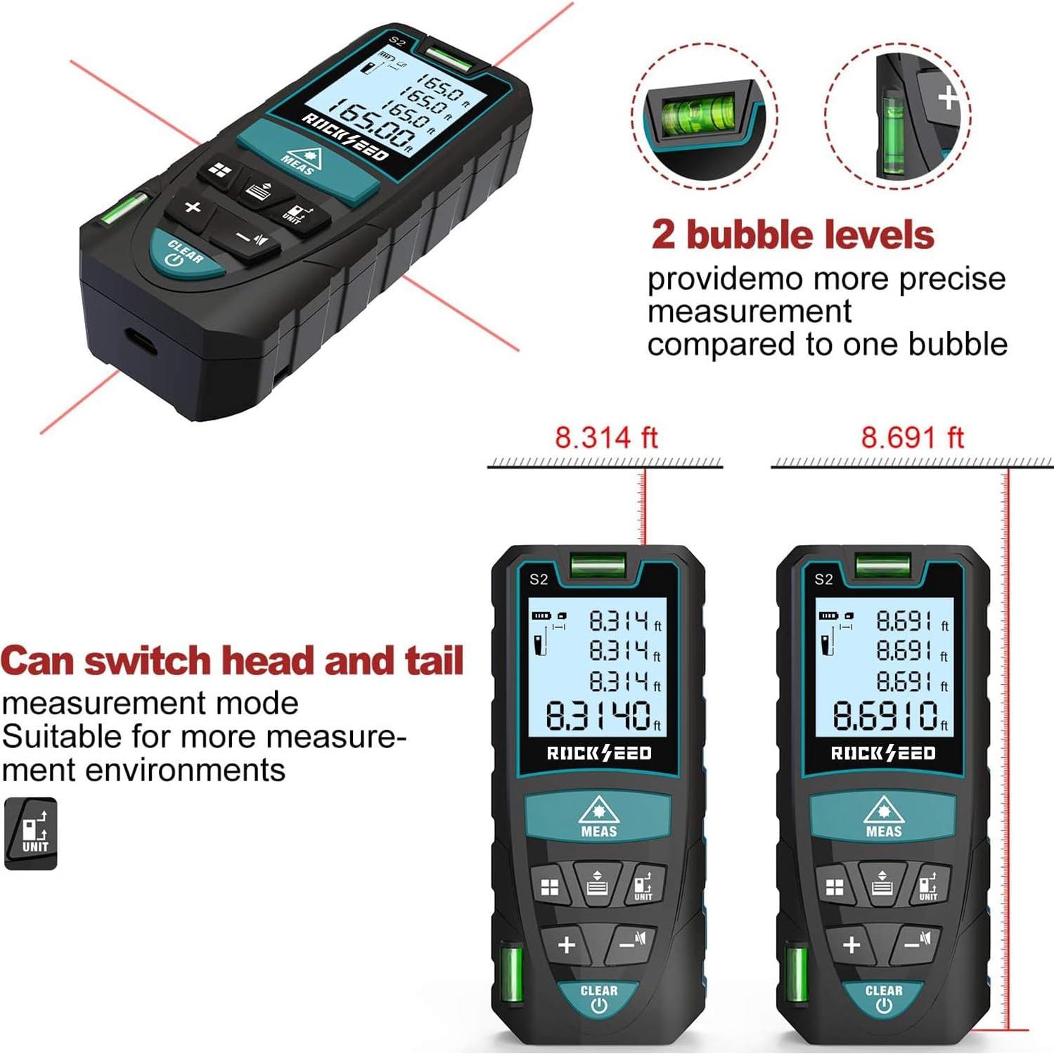 Laser Measure 50M/165ft,RockSeed Digital Laser Distance Meter with 2 Bubble Levels,Portable M/in/Ft Unit Switching Backlit LCD and Measuring Distance/Area/Volume/Pythagorean
