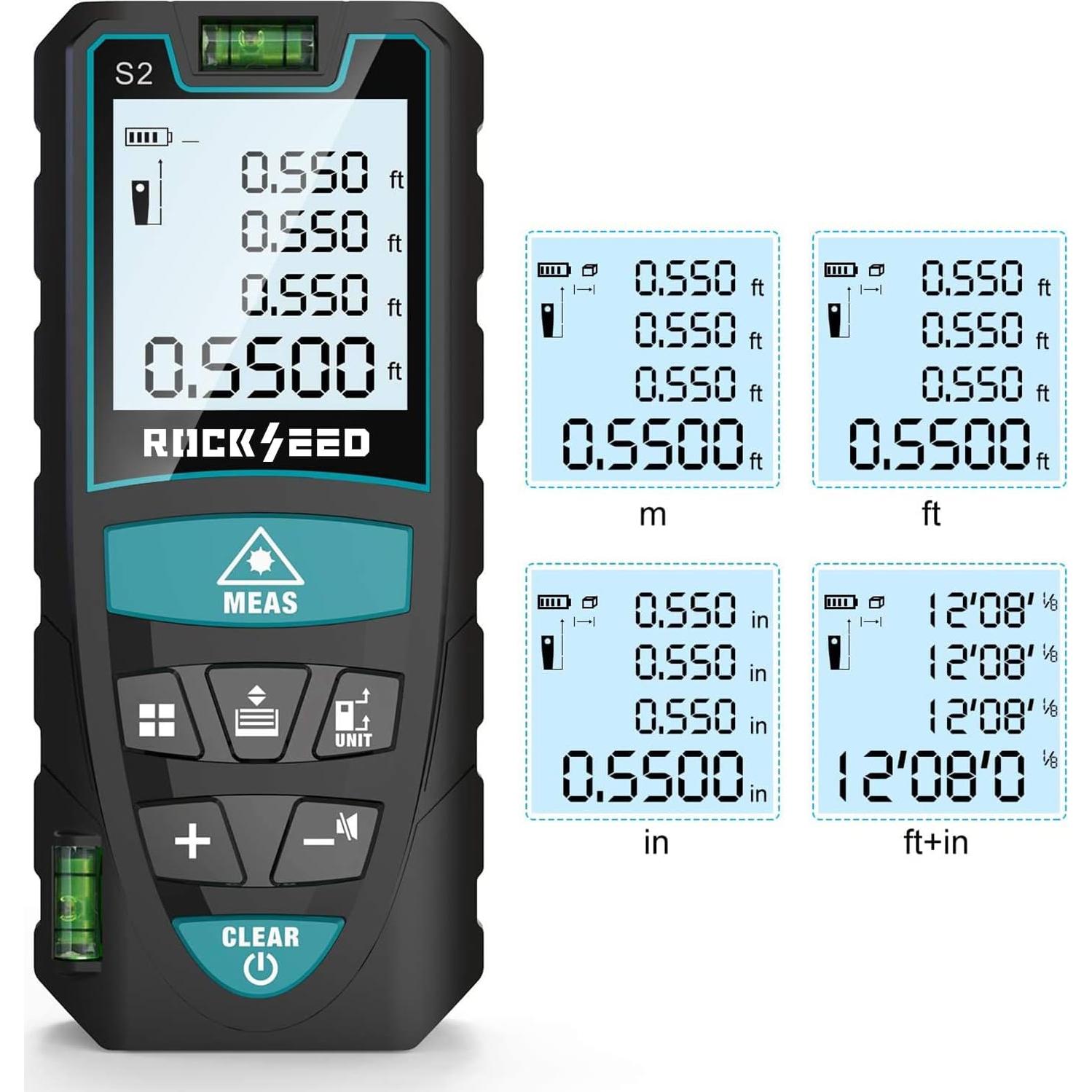 Laser Measure 50M/165ft,RockSeed Digital Laser Distance Meter with 2 Bubble Levels,Portable M/in/Ft Unit Switching Backlit LCD and Measuring Distance/Area/Volume/Pythagorean