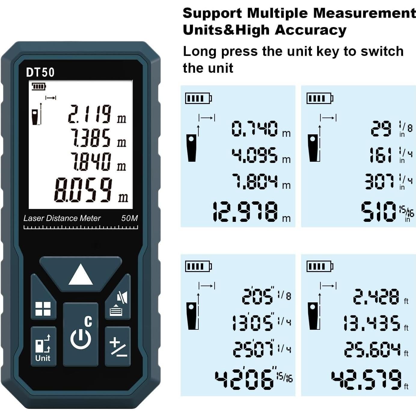 Medidor Láser DTAPE 50.29m con Pantalla LCD Retroiluminada
