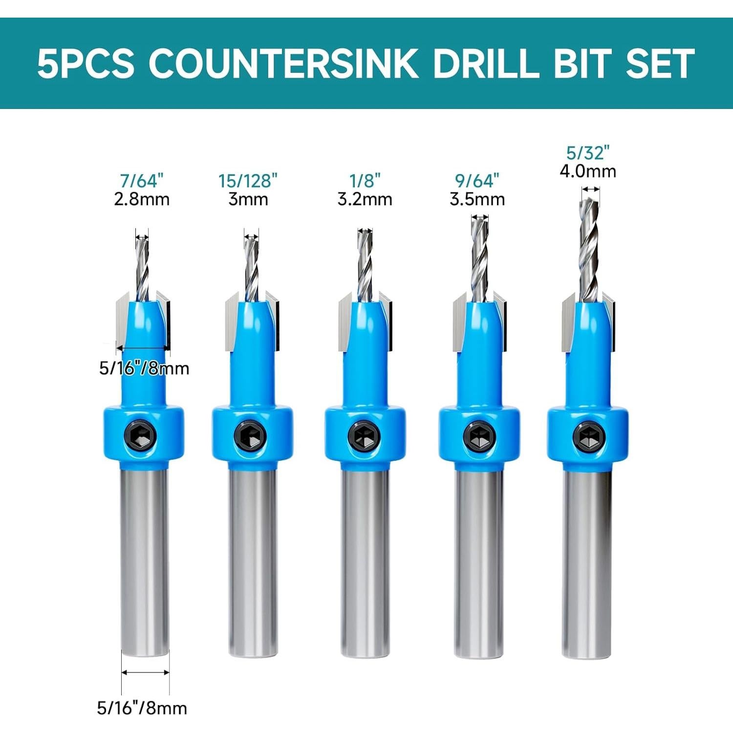 Juego de 5 Brocas de Avellanado Fivelake Ø 8mm HSS