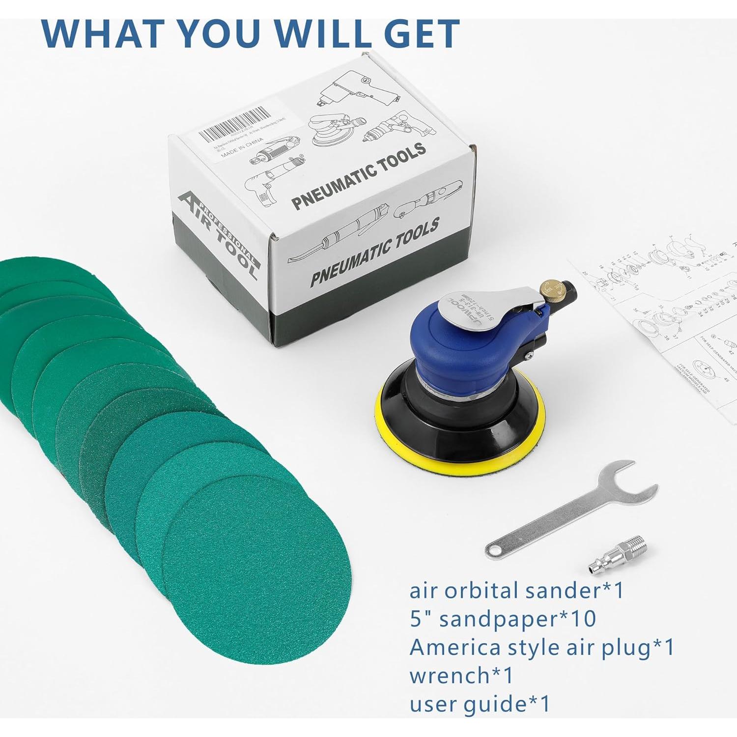 Lijadora Orbital Neumática UPWOOD 5 Pulgadas con 10 Lijas