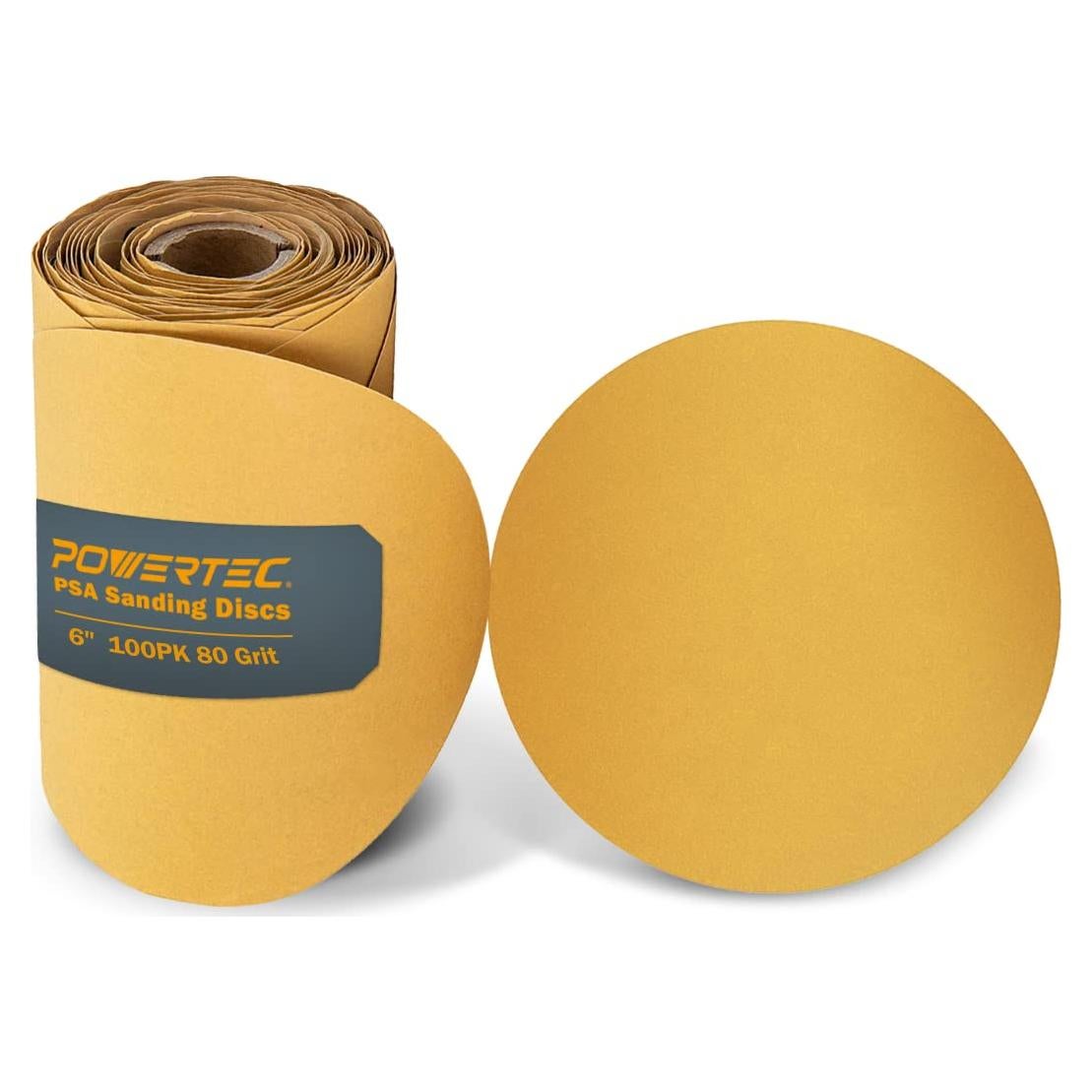 POWERTEC 100 PCS 80 Grit 6 Inch PSA Sanding Discs, Self Stick Adhesive Sandpaper, 6" for Drywall, Woodworking, Paint, Epoxy with Random Orbital Sanders, DA Sanders, 4x36 Belt Disc Sander (4DR1508)
