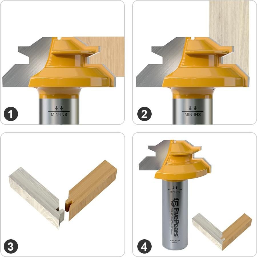 FivePears Router Bit 45° Cierre Miter 1/2" Vástago 3 Piezas